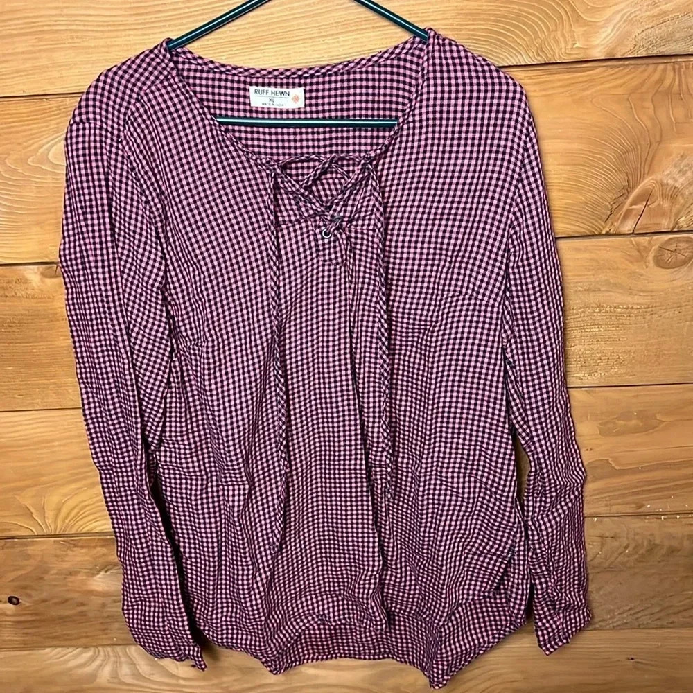 Ruff Hewn Women’s top XL long sleeve made in India‎ cotton plaid party event Y2K